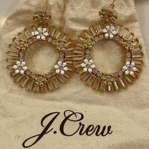 J. Crew Jeweled Flower Embossed Post Style Dangle Hoop Gold White Sparkle